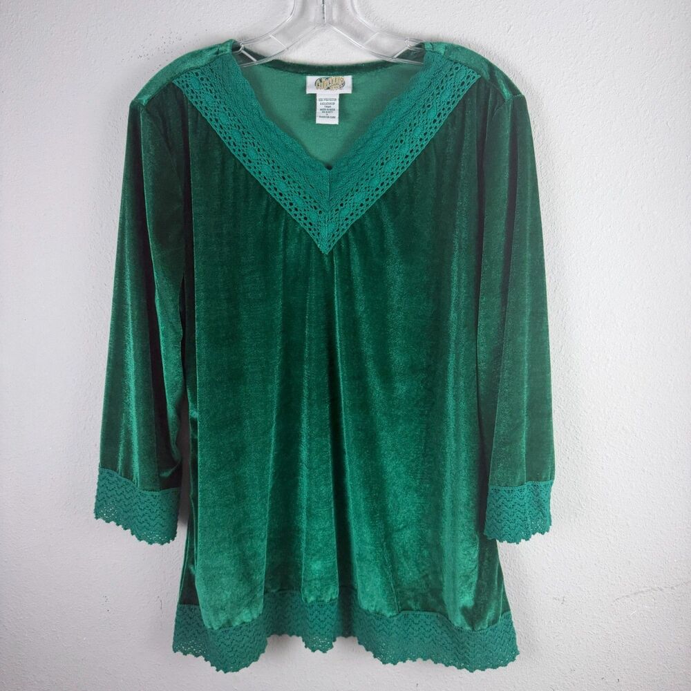 Vintage Collections Large Women Long Sleeve Blouse Green Velvet Lace Granny Goth